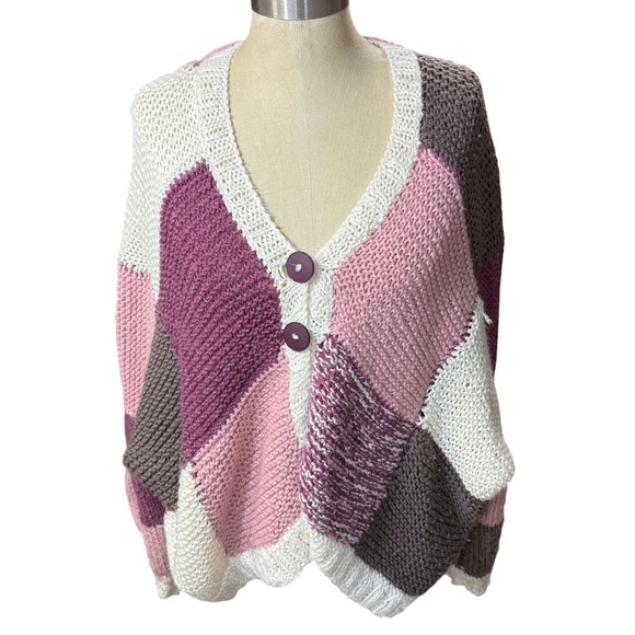 Handmade M/L Oversized Cardigan Pink Knit Cozy Boho Patchwork Artsy Grandma Y2K - Picture 2 of 9